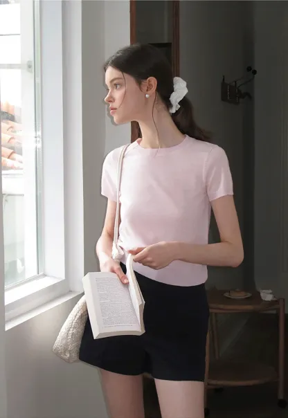 Ribbed Knit Short Sleeve Crewneck Sweater