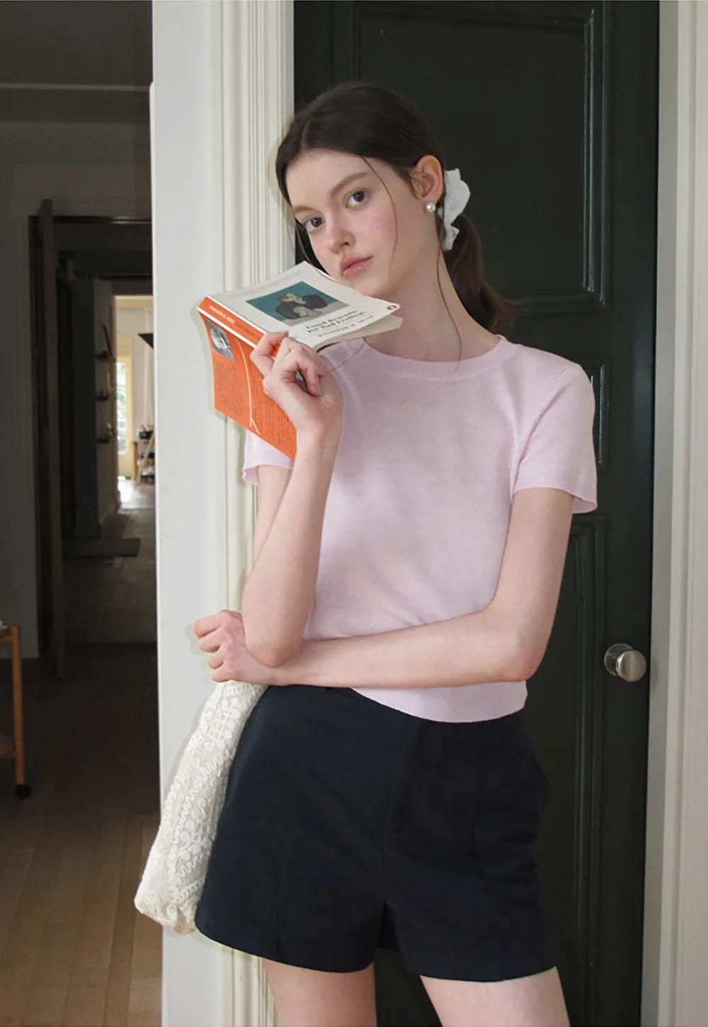 Ribbed Knit Short Sleeve Crewneck Sweater