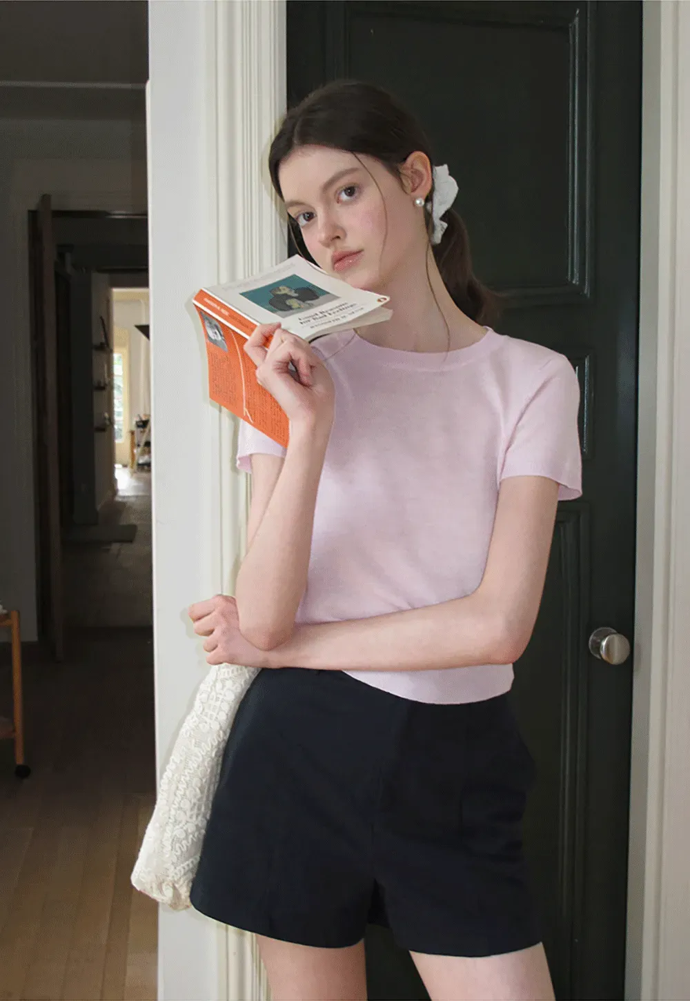 Ribbed Knit Short Sleeve Crewneck Sweater
