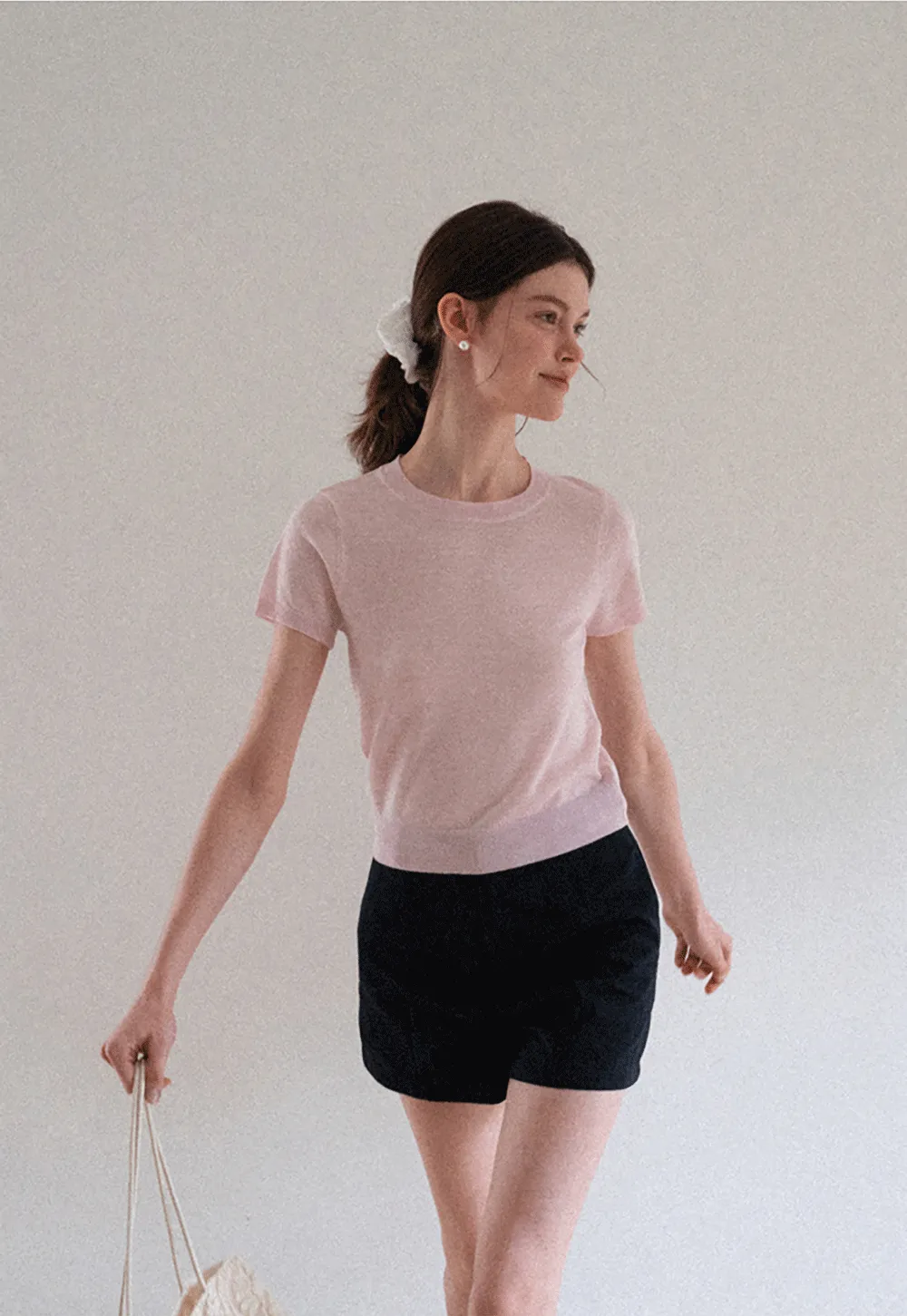 Ribbed Knit Short Sleeve Crewneck Sweater