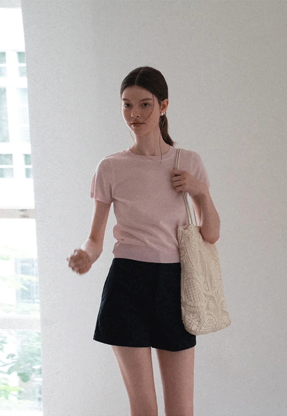 Ribbed Knit Short Sleeve Crewneck Sweater
