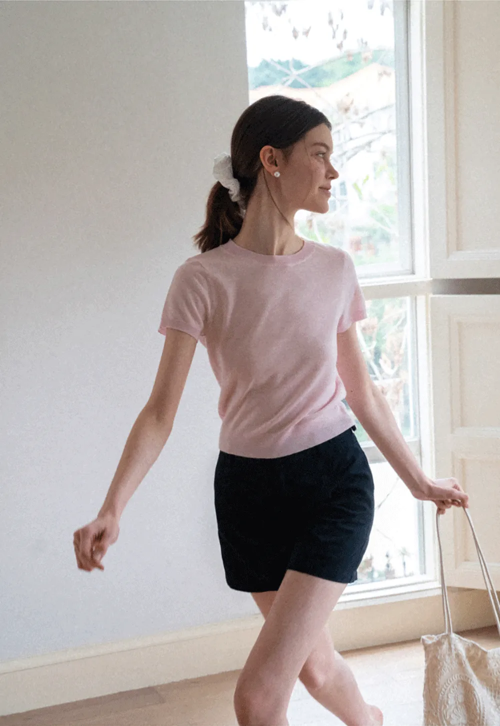 Ribbed Knit Short Sleeve Crewneck Sweater