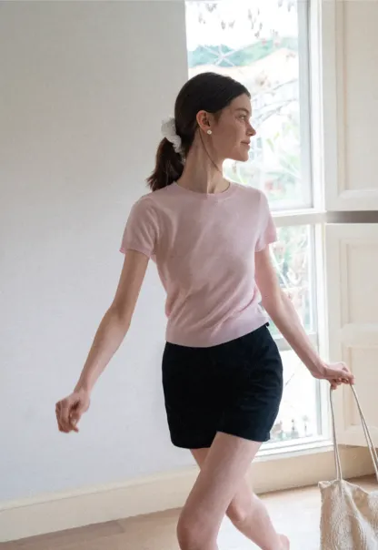 Ribbed Knit Short Sleeve Crewneck Sweater