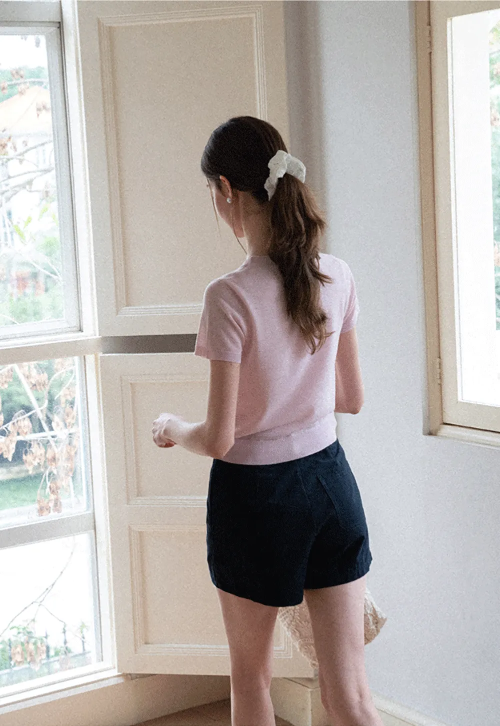 Ribbed Knit Short Sleeve Crewneck Sweater