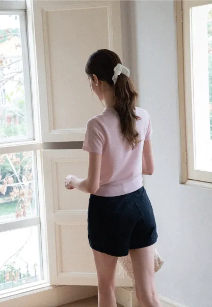 Ribbed Knit Short Sleeve Crewneck Sweater