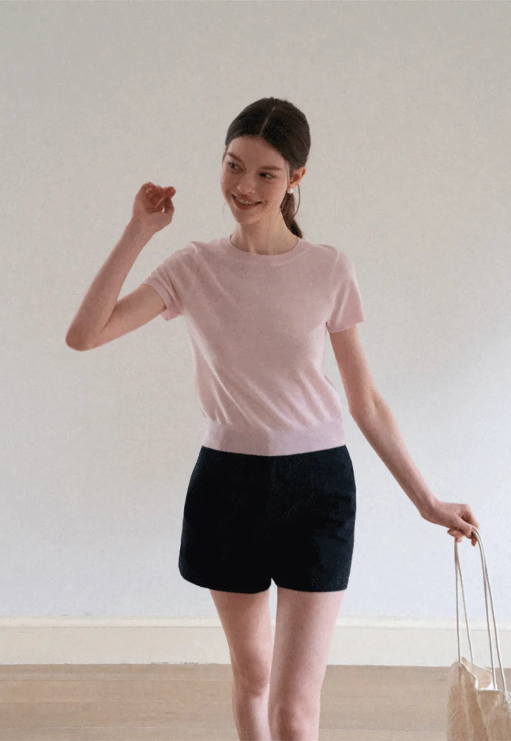 Ribbed Knit Short Sleeve Crewneck Sweater