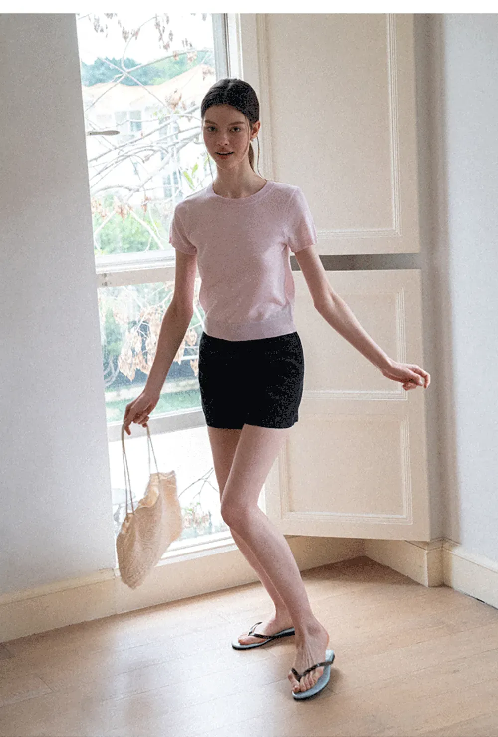 Ribbed Knit Short Sleeve Crewneck Sweater