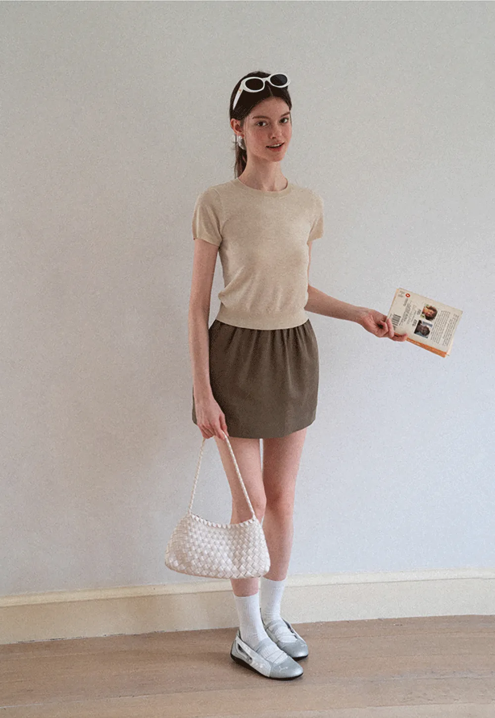 Ribbed Knit Short Sleeve Crewneck Sweater