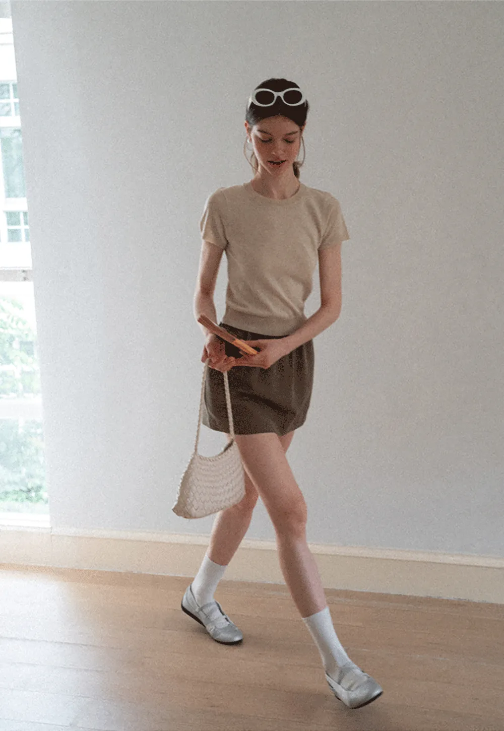 Ribbed Knit Short Sleeve Crewneck Sweater