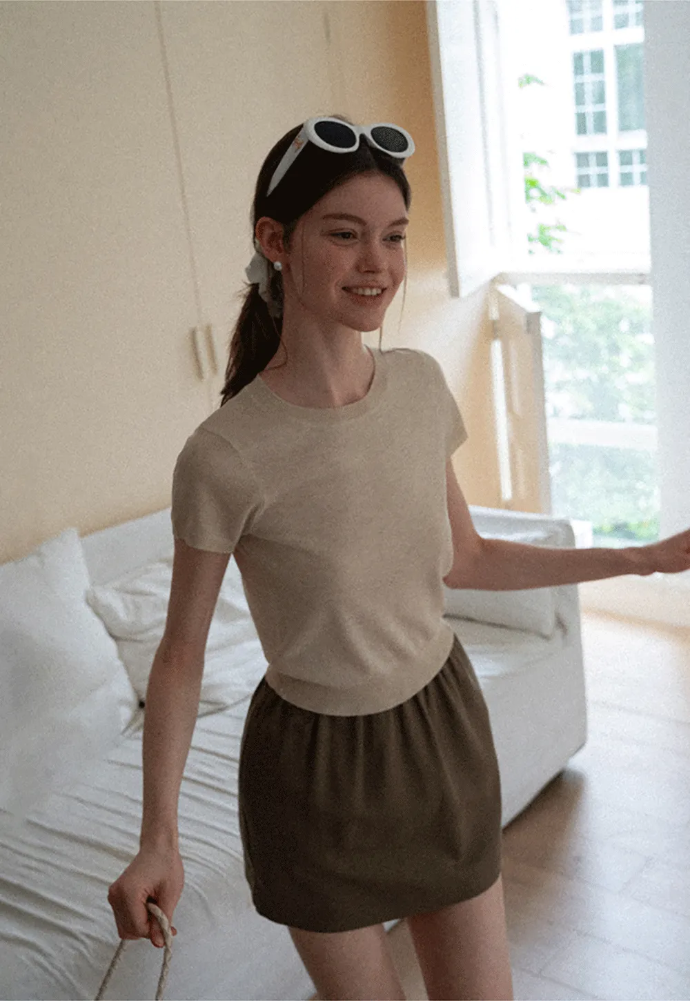 Ribbed Knit Short Sleeve Crewneck Sweater