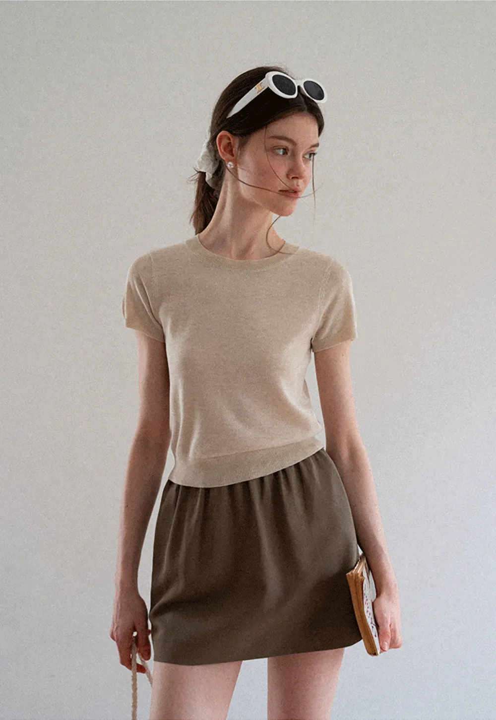 Ribbed Knit Short Sleeve Crewneck Sweater