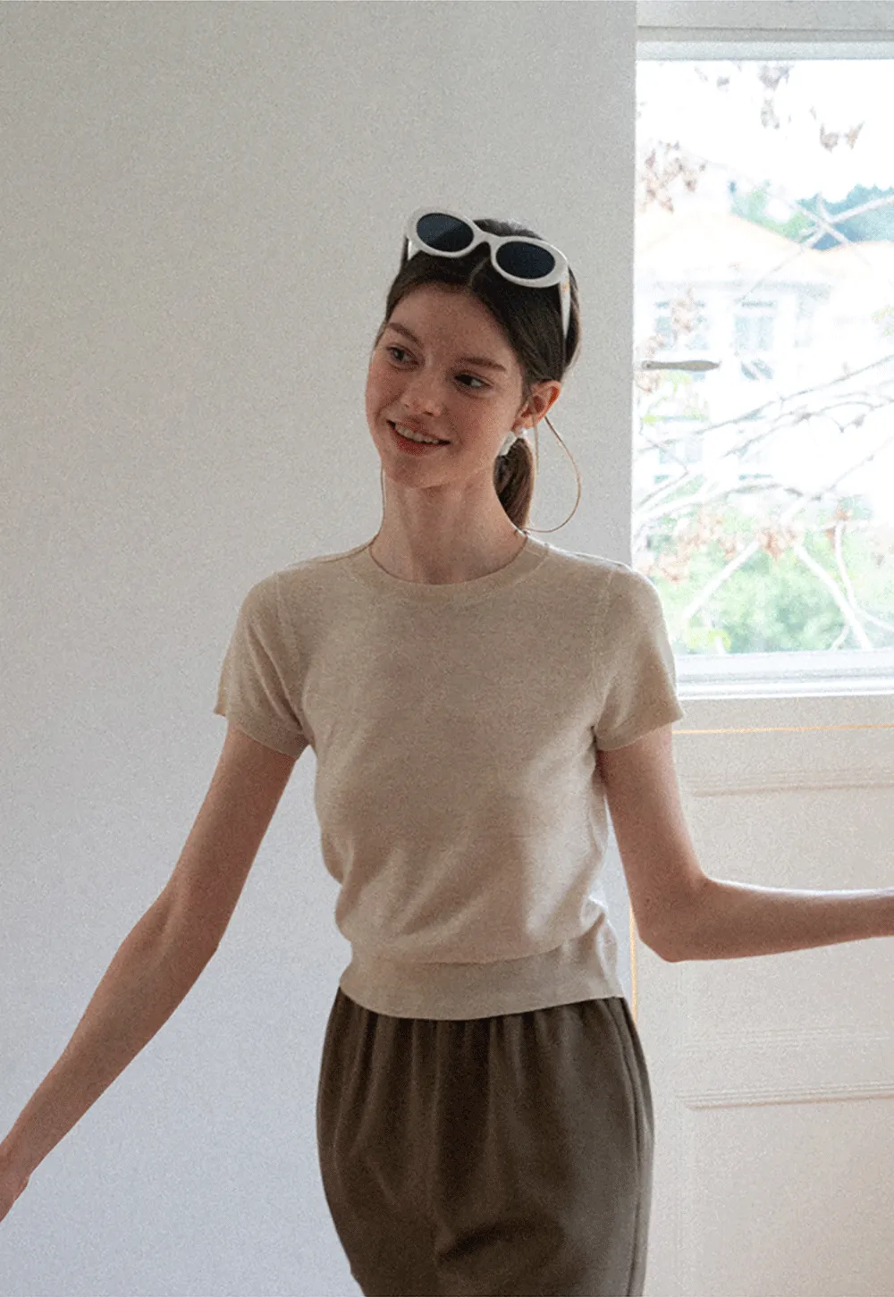 Ribbed Knit Short Sleeve Crewneck Sweater