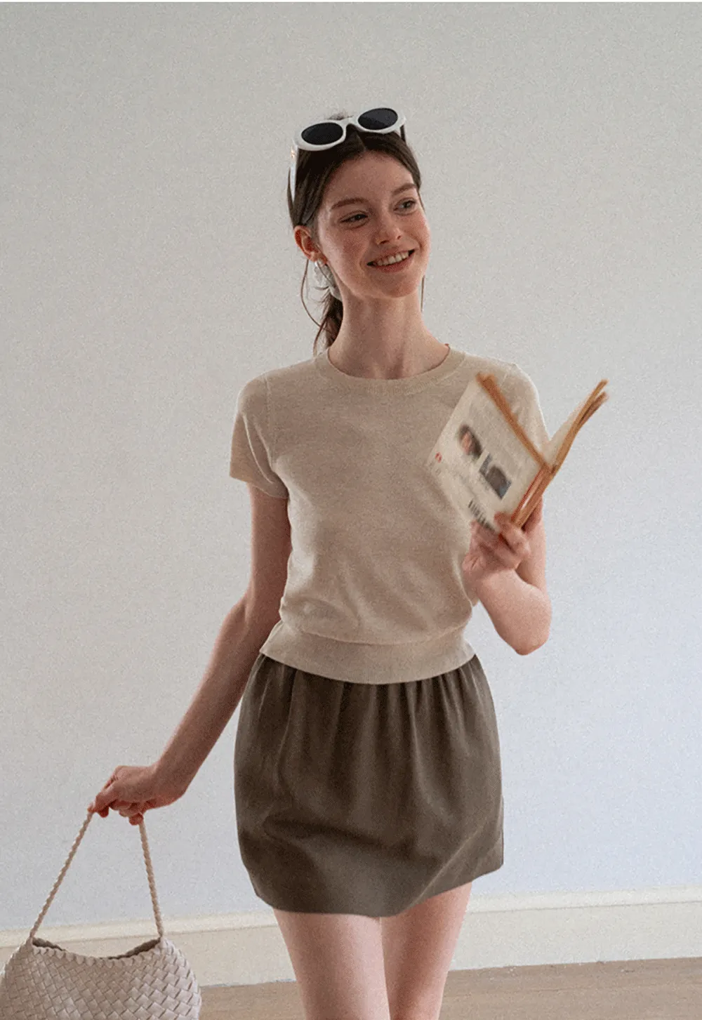 Ribbed Knit Short Sleeve Crewneck Sweater