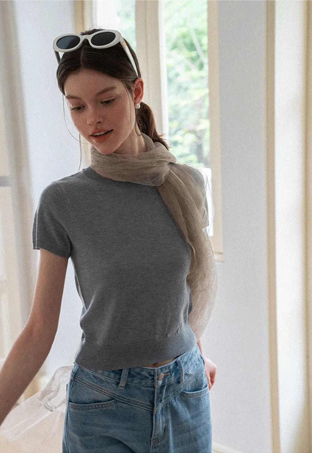 Ribbed Knit Short Sleeve Crewneck Sweater