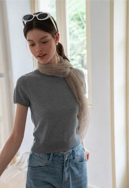 Ribbed Knit Short Sleeve Crewneck Sweater