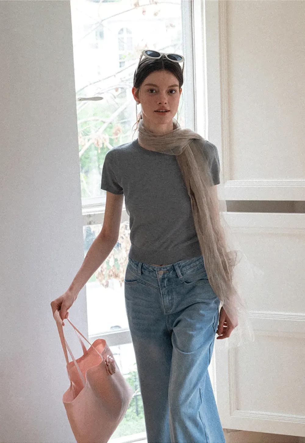 Ribbed Knit Short Sleeve Crewneck Sweater