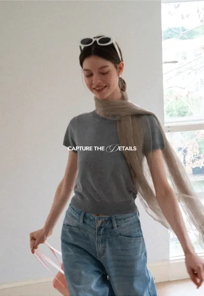 Ribbed Knit Short Sleeve Crewneck Sweater