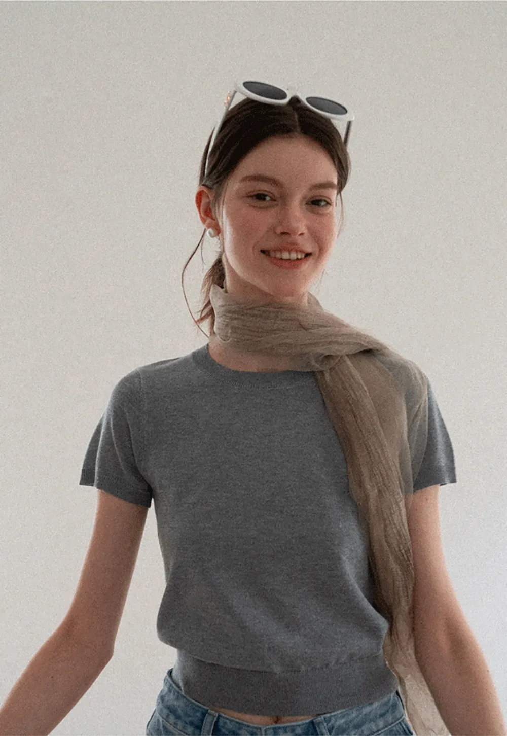 Ribbed Knit Short Sleeve Crewneck Sweater
