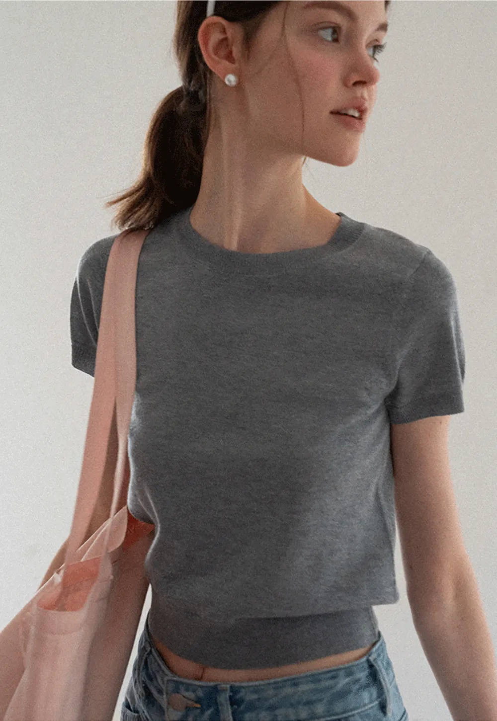 Ribbed Knit Short Sleeve Crewneck Sweater