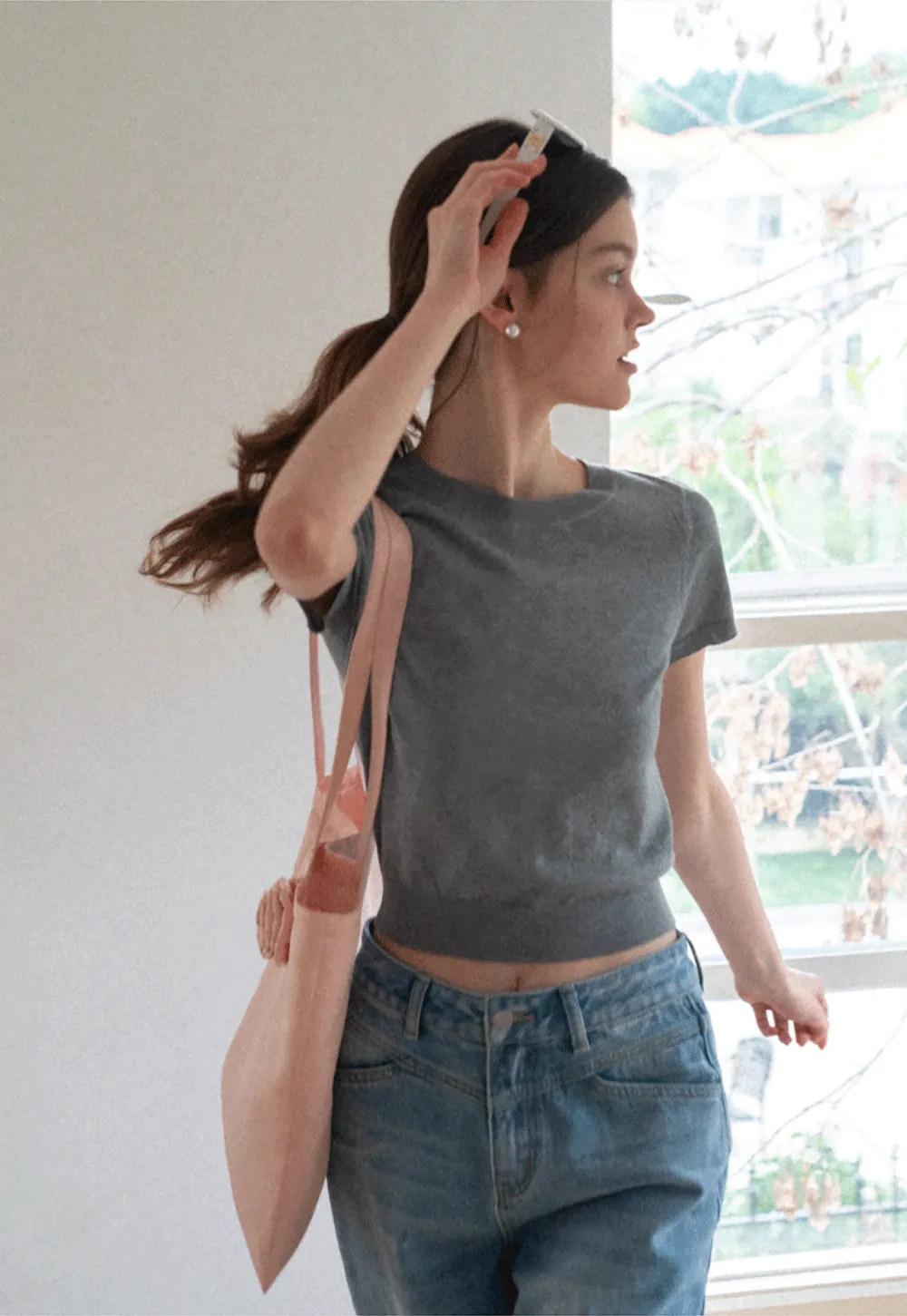 Ribbed Knit Short Sleeve Crewneck Sweater