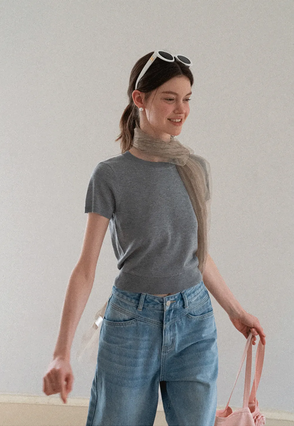 Ribbed Knit Short Sleeve Crewneck Sweater