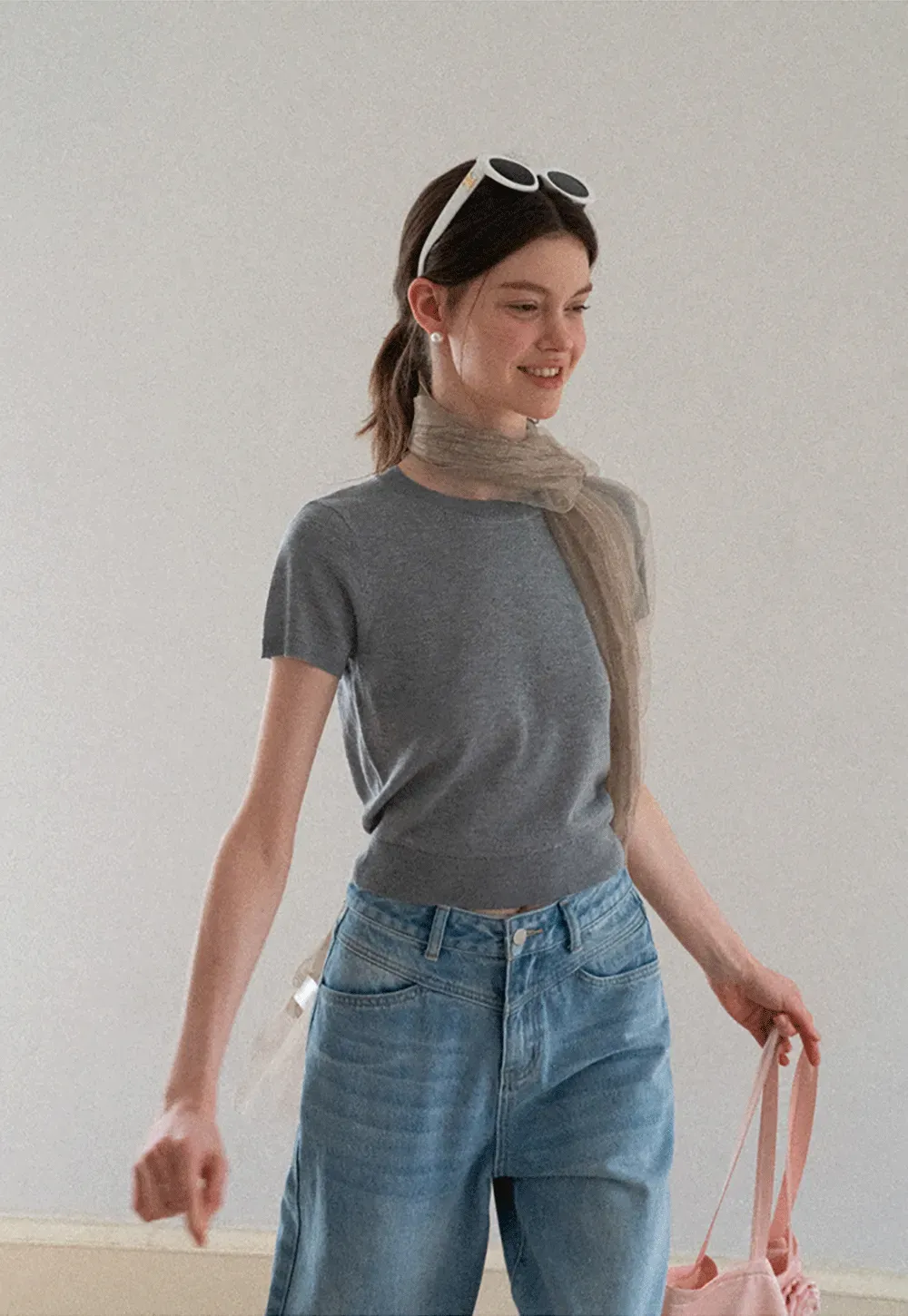 Ribbed Knit Short Sleeve Crewneck Sweater