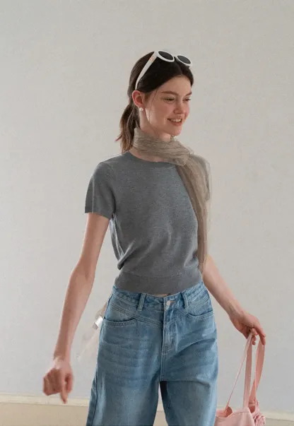 Ribbed Knit Short Sleeve Crewneck Sweater