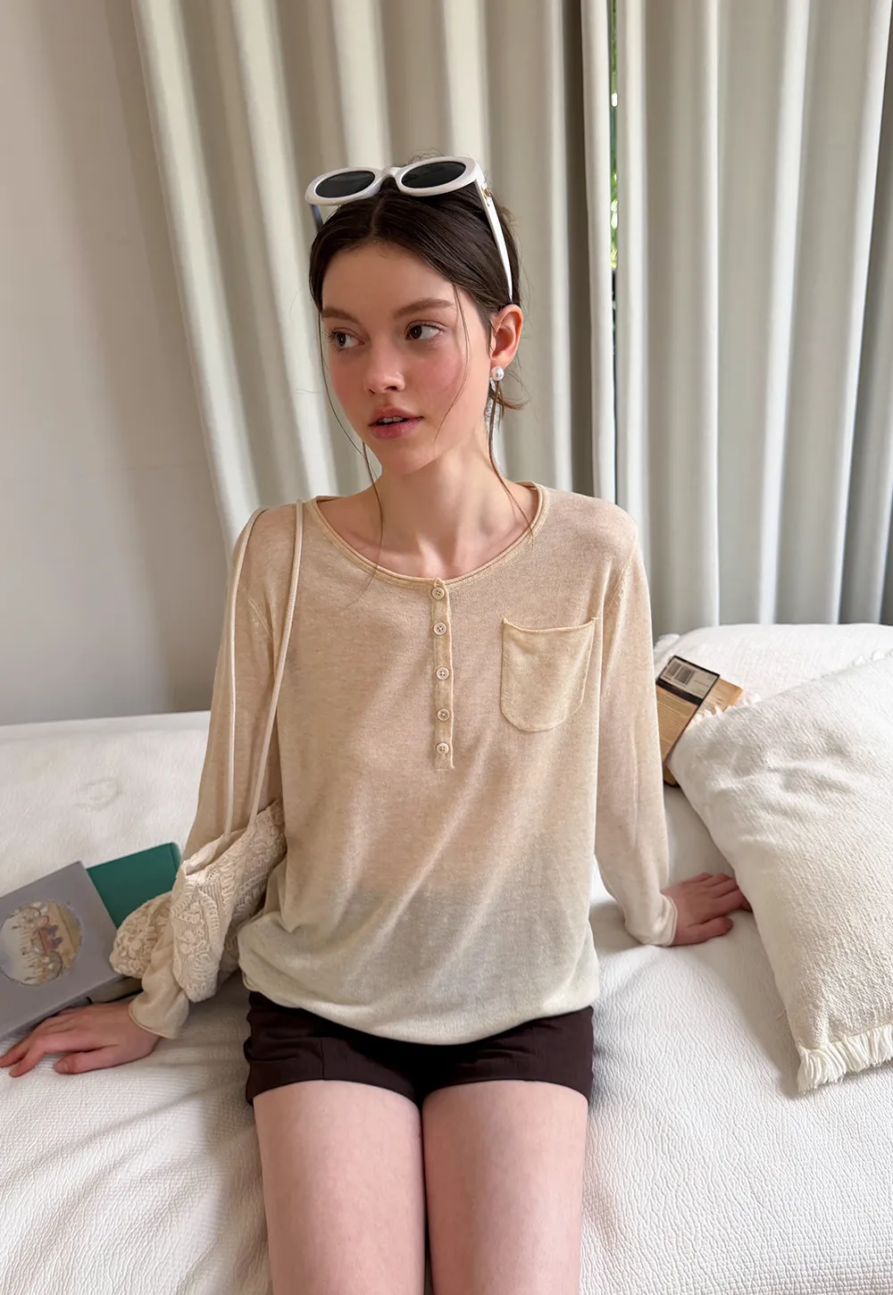 Lace Trim Sleeve Button Front Knit Sweater