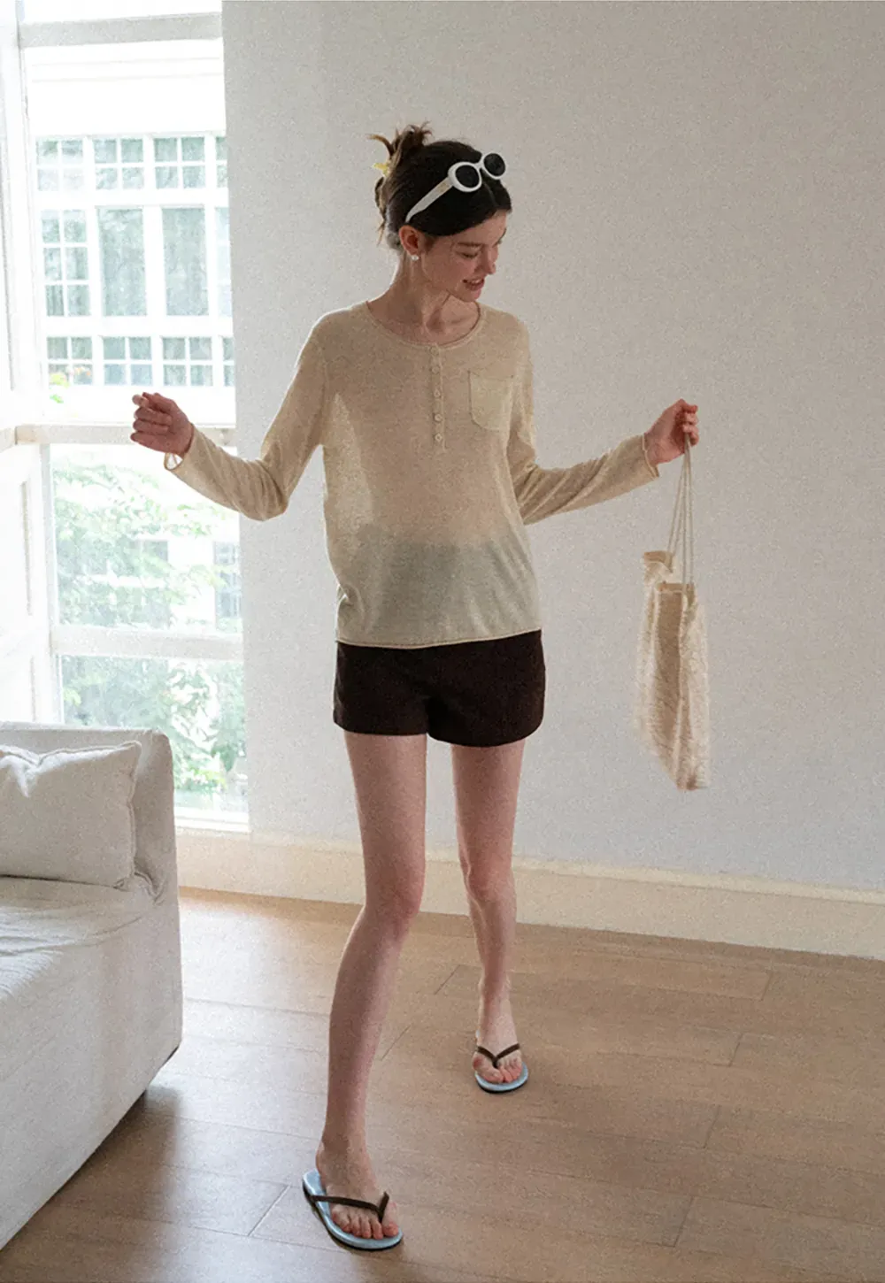 Lace Trim Sleeve Button Front Knit Sweater