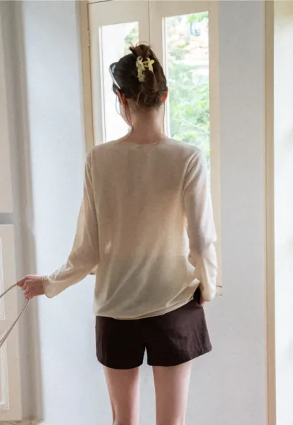 Lace Trim Sleeve Button Front Knit Sweater