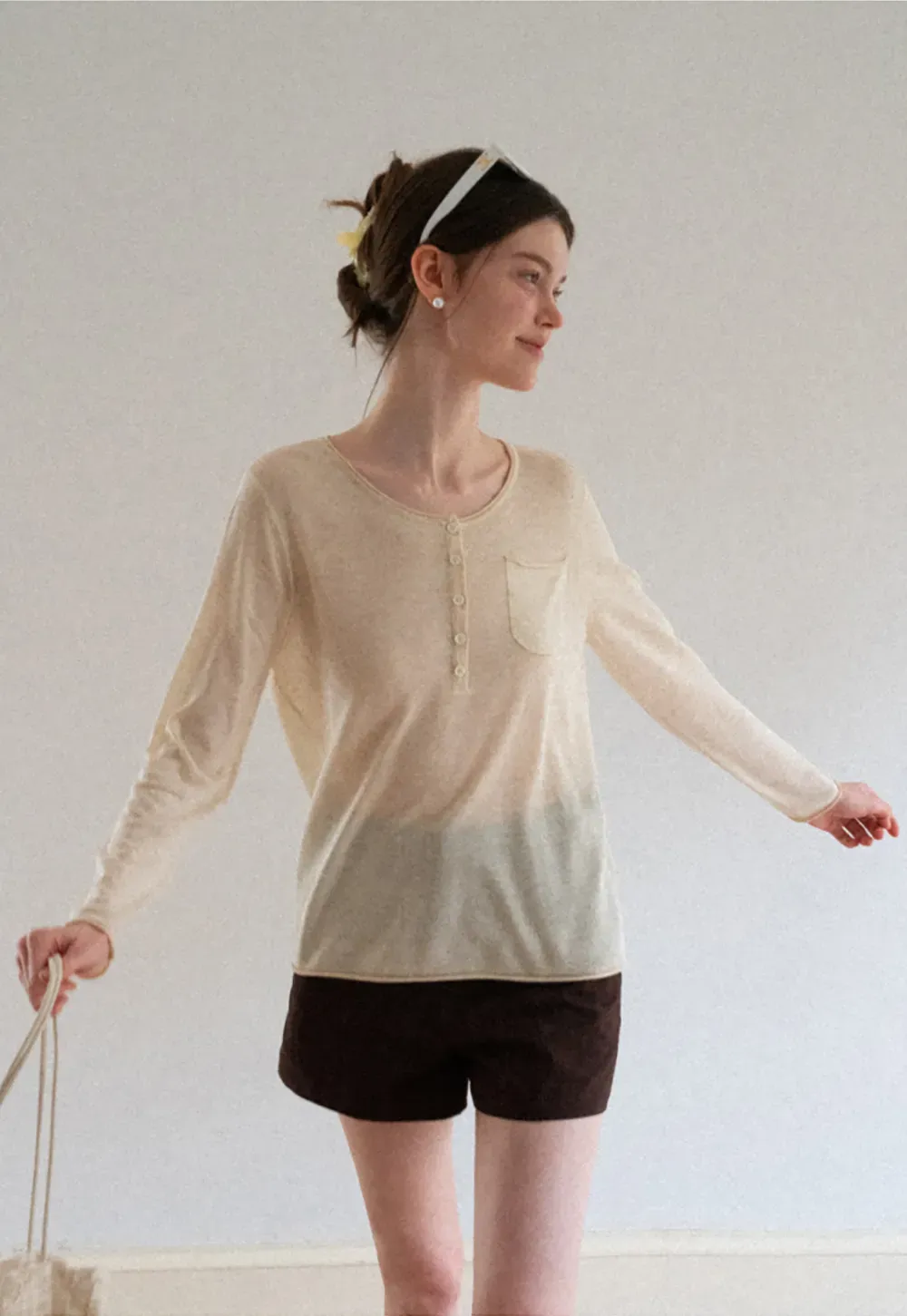 Lace Trim Sleeve Button Front Knit Sweater