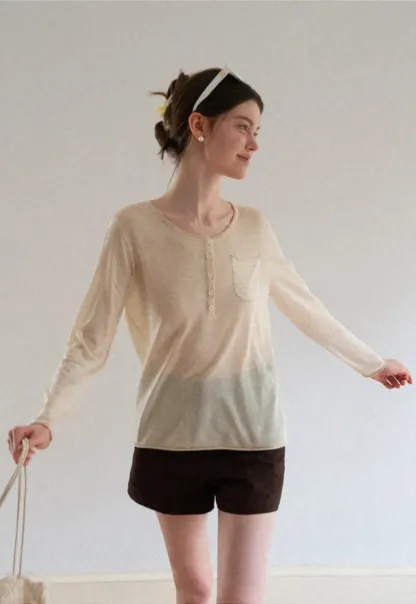 Lace Trim Sleeve Button Front Knit Sweater