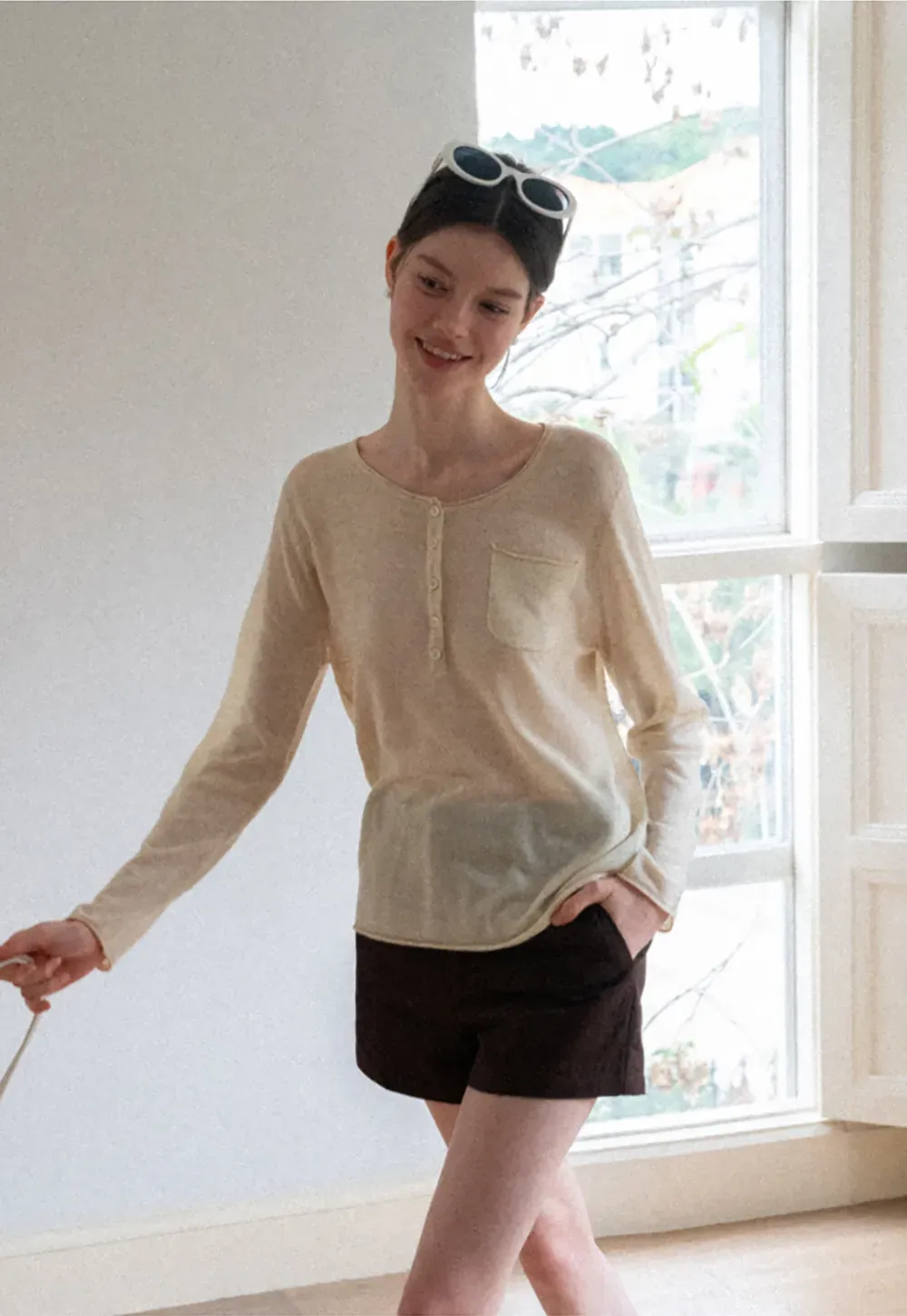 Lace Trim Sleeve Button Front Knit Sweater