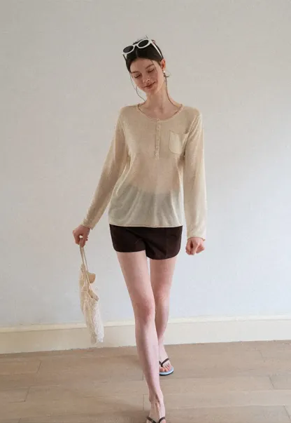 Lace Trim Sleeve Button Front Knit Sweater