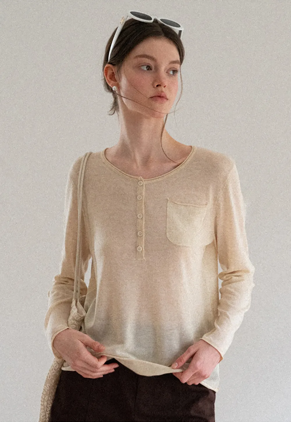 Lace Trim Sleeve Button Front Knit Sweater