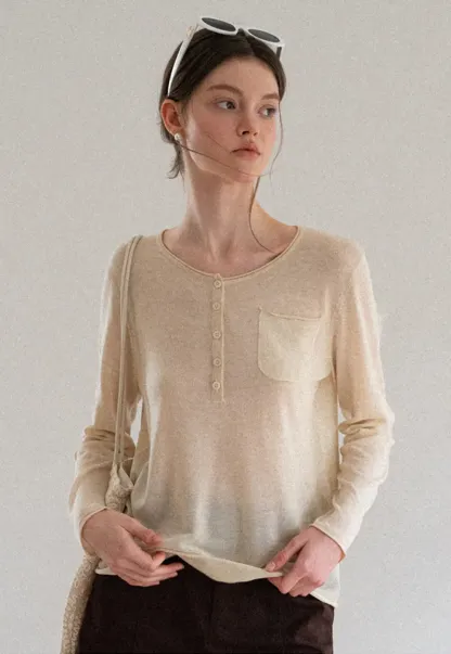 Lace Trim Sleeve Button Front Knit Sweater