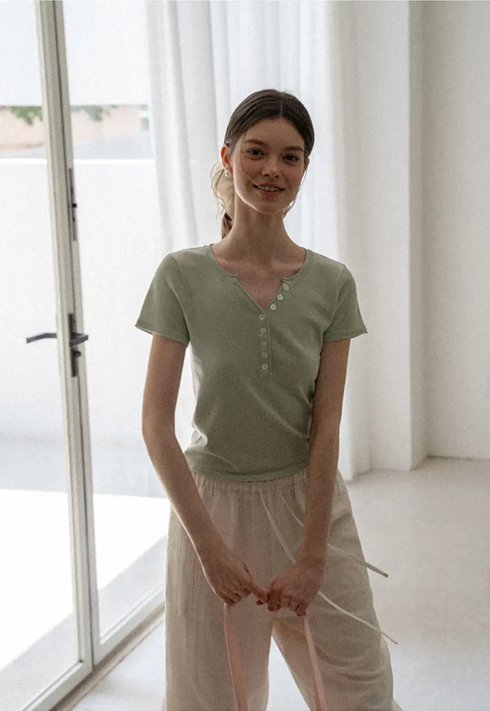 V Neck Button Front Knit Sweater