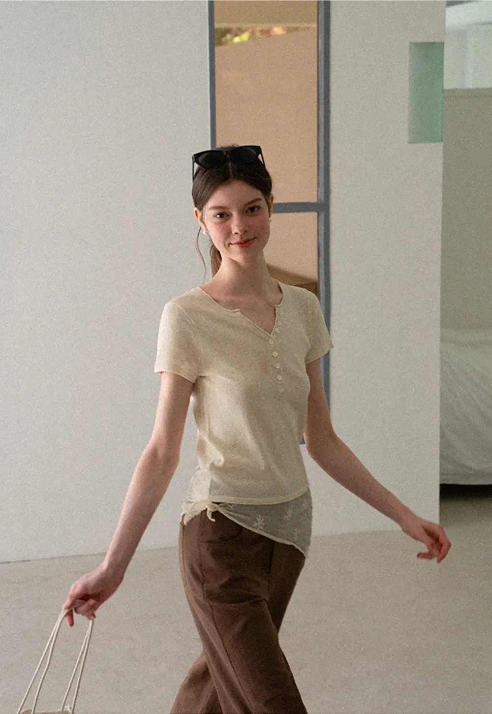 V Neck Button Front Knit Sweater