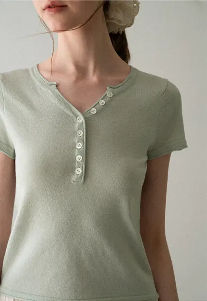 V Neck Button Front Knit Sweater