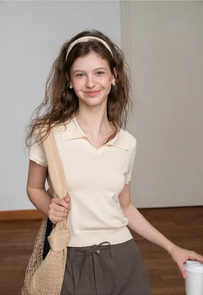 Polo Collar Short Sleeve Knit Sweater