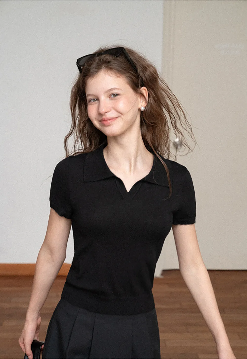 Polo Collar Short Sleeve Knit Sweater