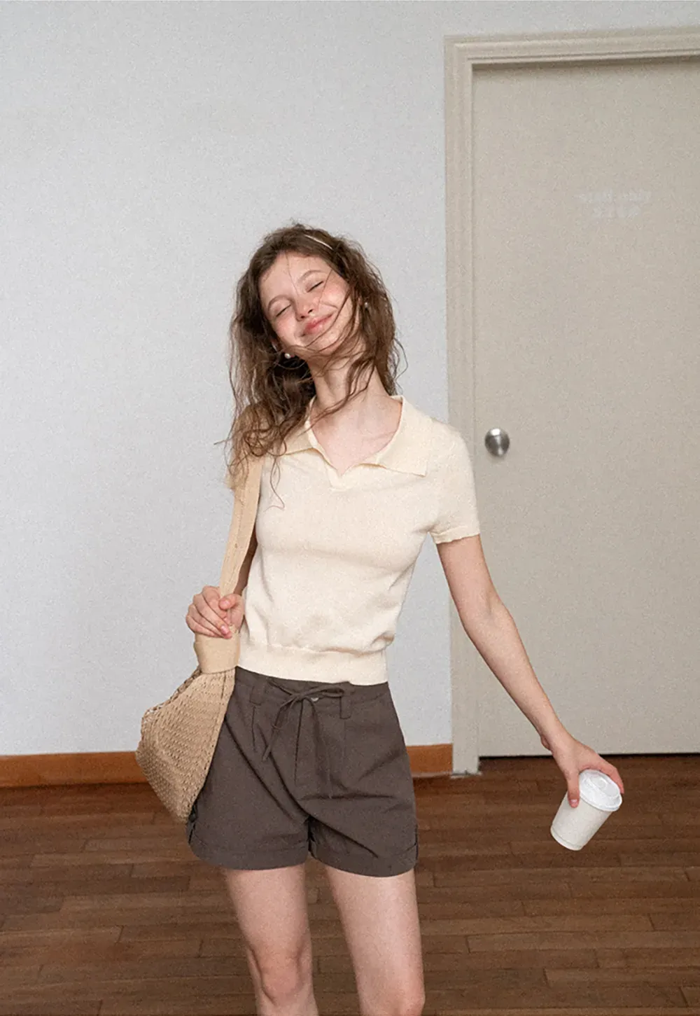 Polo Collar Short Sleeve Knit Sweater