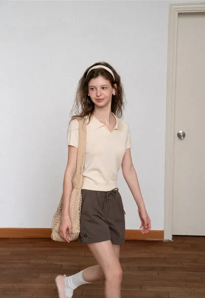 Polo Collar Short Sleeve Knit Sweater
