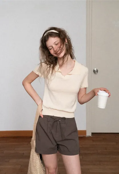 Polo Collar Short Sleeve Knit Sweater