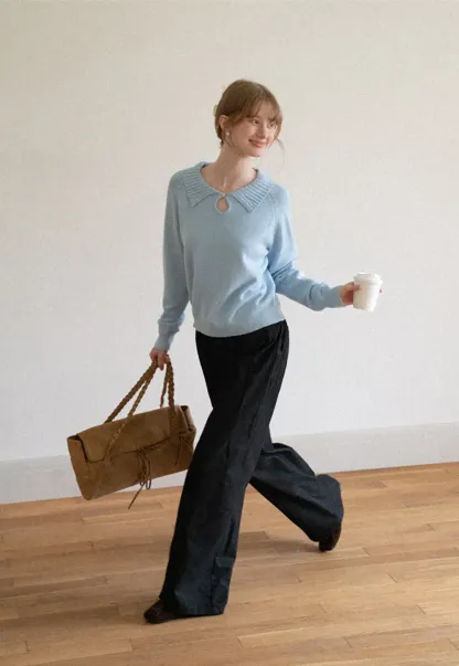 Collar Neck Keyhole Detail Knit Sweater