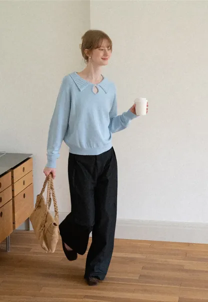 Collar Neck Keyhole Detail Knit Sweater