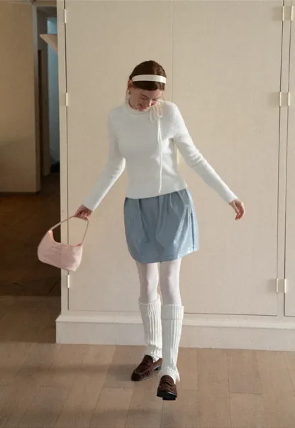 Ruffled High Neck Tie Detail Knit Sweater