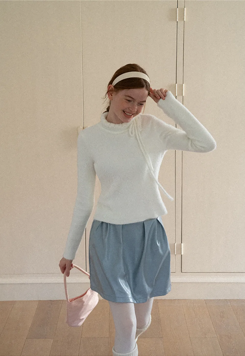 Ruffled High Neck Tie Detail Knit Sweater