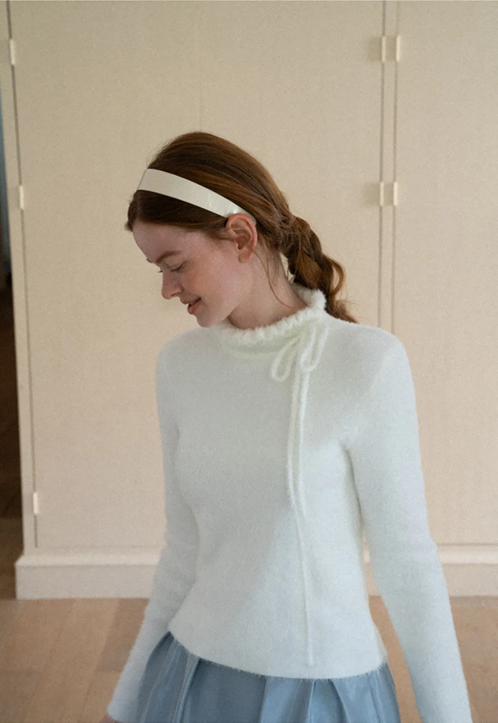 Ruffled High Neck Tie Detail Knit Sweater