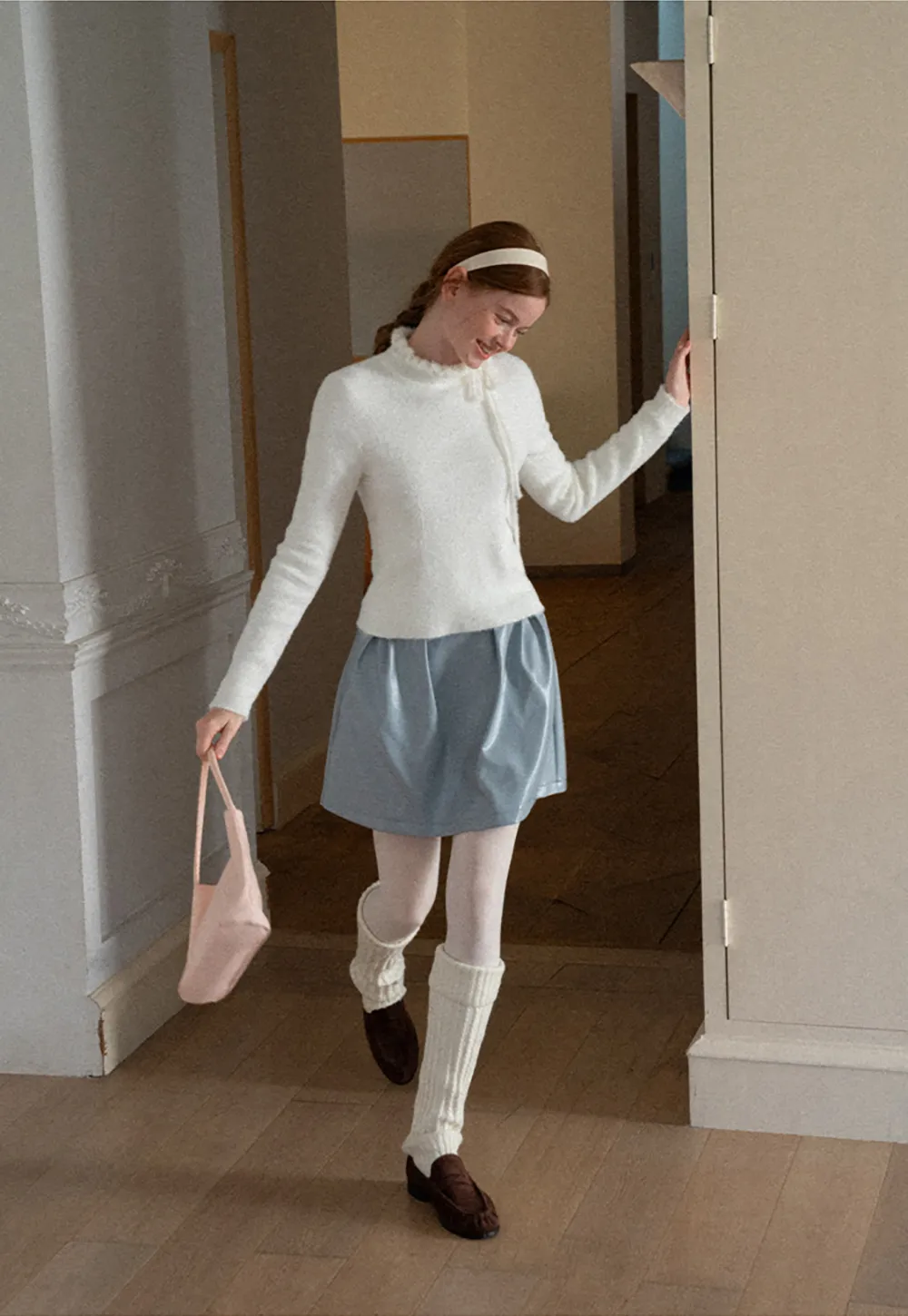 Ruffled High Neck Tie Detail Knit Sweater